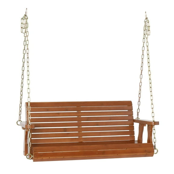 GoDecor Porch Swing 4ft Cedar With Iron Chain Double Wooden Swing Dark Brown 500lbs Capacity (Without Stand