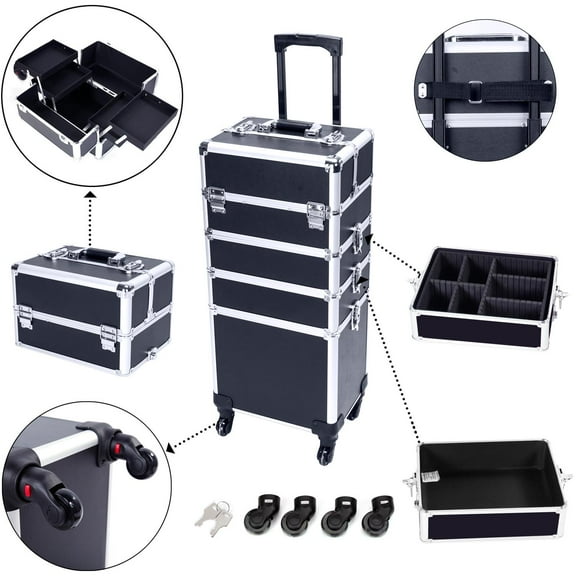 GoDecor Professional 4 in 1 Rolling Makeup Trolley Artist Train Case Cosmetic Organizer with Wheels Black