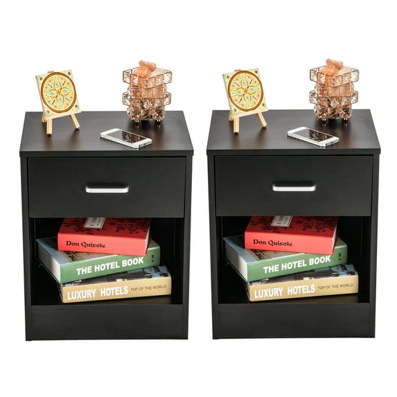 GoDecor Set of 2 Nightstand Bedroom Storage Bedside Table Side End Table with Drawer and Open Shelf Black