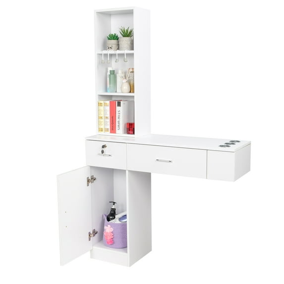 GoDecor Wall Mount Barber Station Hair Styling Drawer Storage Beauty Salon Spa Equipment, White