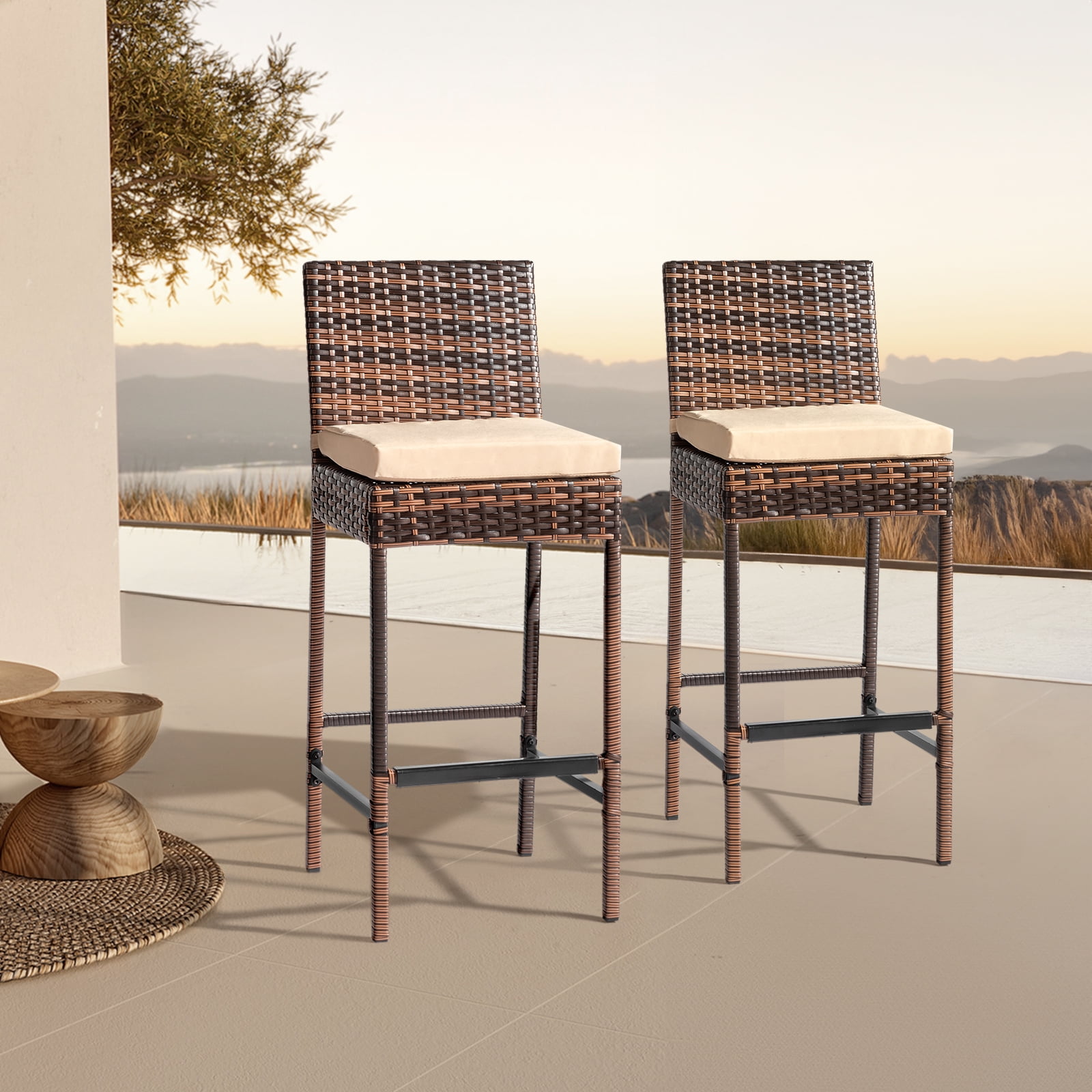 Set of 2 Off-White Cushioned Brown Wicker Bar Stools