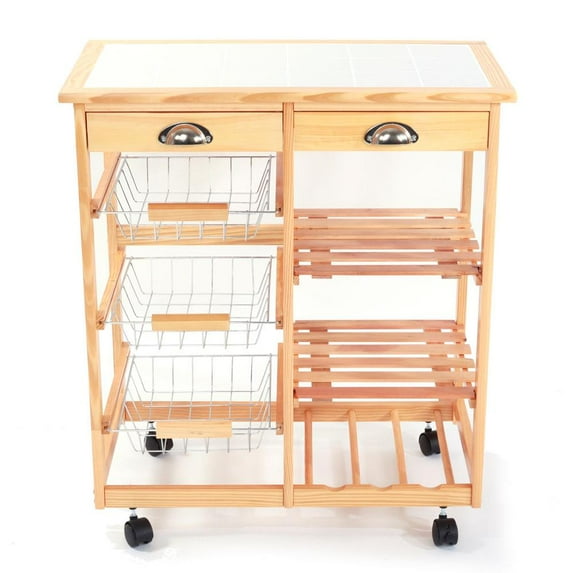 GoDecor Wood Kitchen Rolling Cart,Storage Kitchen Island w/Storage Drawers/Baskets,Wood Color