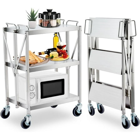 GoFashion Heavy Duty Folding Utility Cart, Stainless Steel Service Cart 133 Lbs Shelf, Sturdy 3-Tier Rolling Cart with Wheels Lockable for Restaurant Garage Office