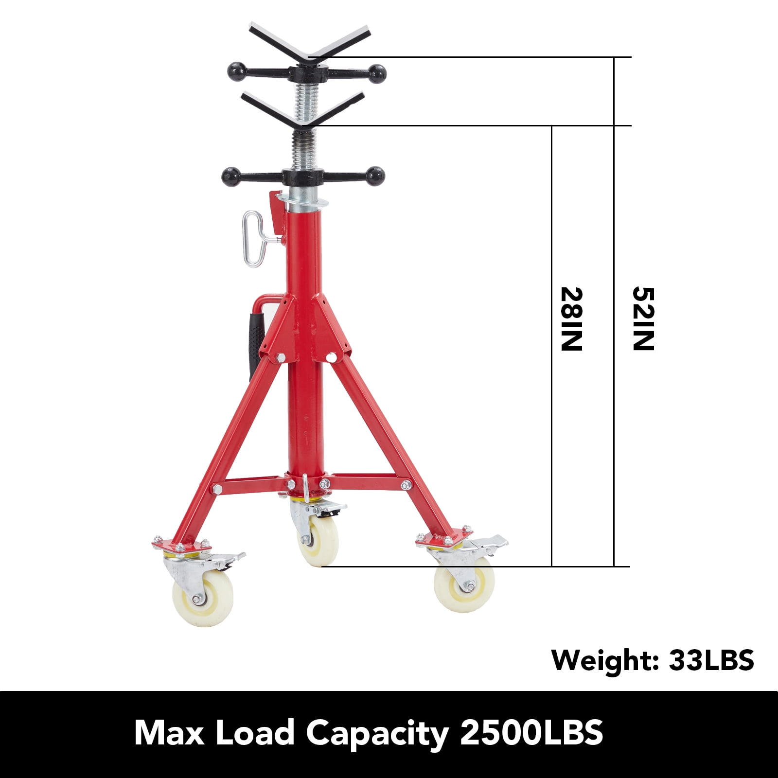 GoFashion V-Head Pipe Jack Stand with Casters, 28-52 Inch Adjustable Height,1/8"-12" Capacity, 2500 lb Load Capacity,Heavy Duty Carbon Steel Body,Steel Jack Stands