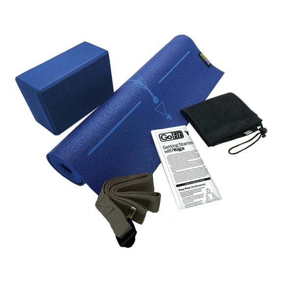 GoFit Yoga Mat Kit 24x68 Inch with Foam Block, Strap, Chart and Carrying Bag, Blue