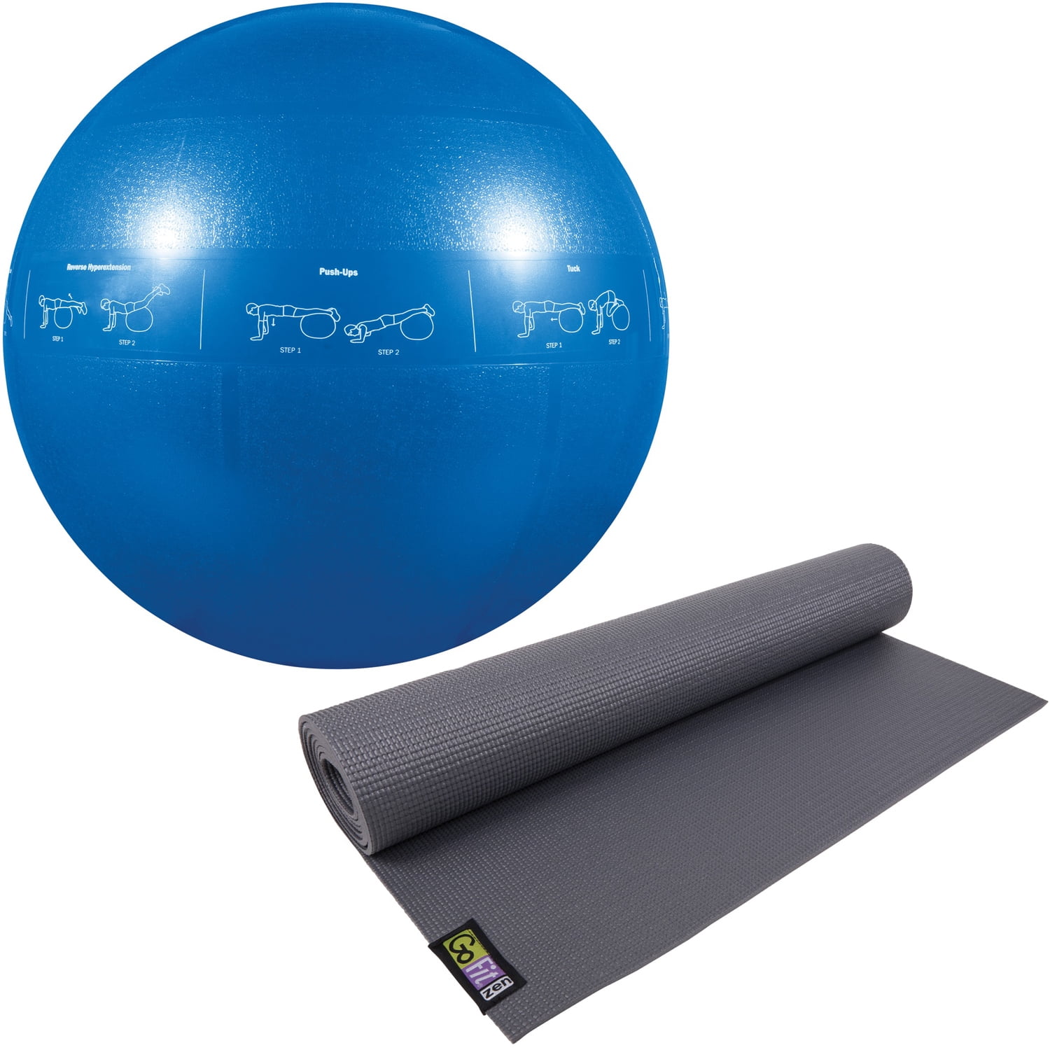 GoFit GF-55PRO Professional Grade Core Stability Ball (75 cm; Blue) &  GF-YOGA-G Yoga Mat (Gray)