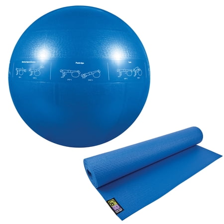 GoFit GF-55PRO Professional Grade Core Stability Ball (75 cm; Blue) & GF-YOGA Yoga Mat with Yoga Position Poster