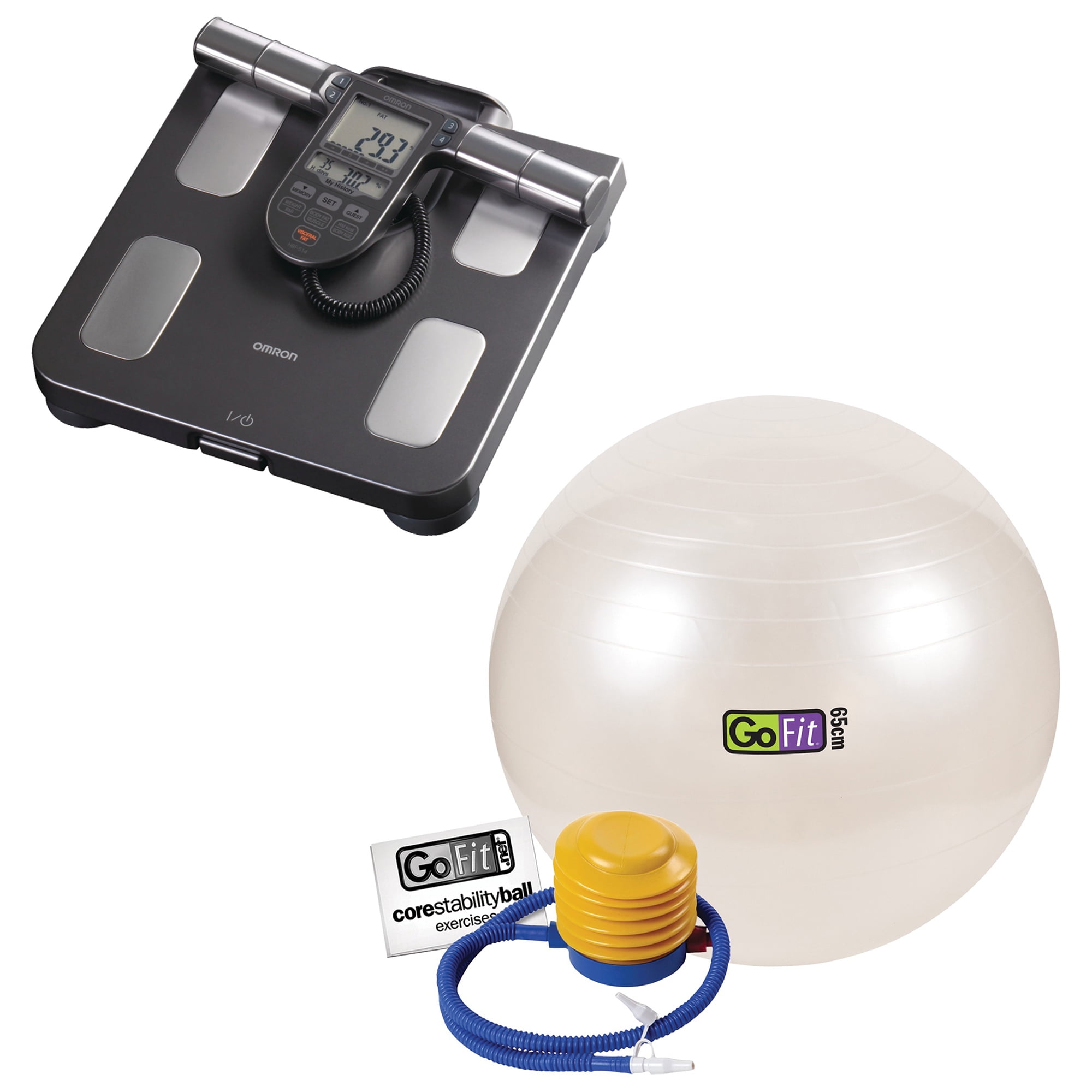 GoFit Gf-65 Ball Exercise Ball with Pump (65 cm; White) and Omron HBF-514C Full-Body Composition Monitor Black Bathroom Scale