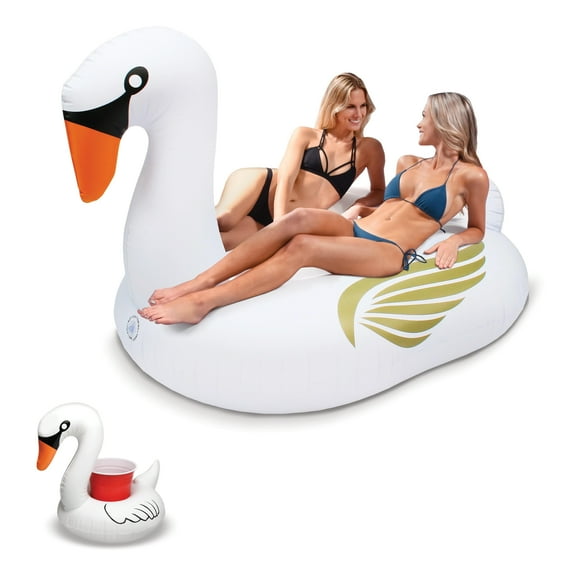 GoFloats Giant Inflatable Swan Pool Float - Includes Drink Float, White
