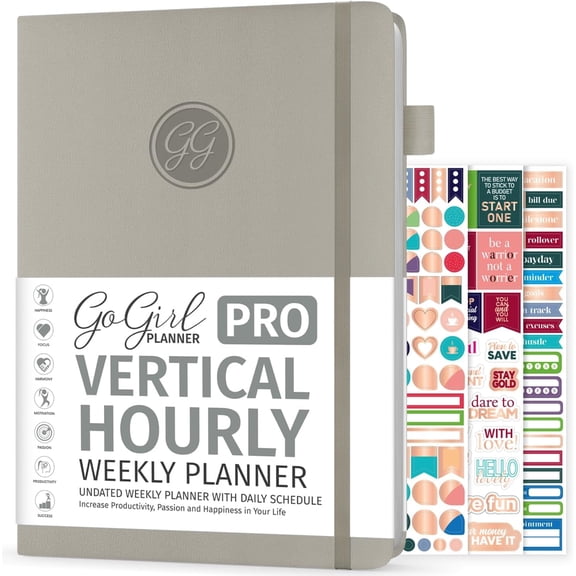 GoGirl Planner PRO Undated Hourly Schedule Planner with Monthly Weekly and Daily Time Slots, Budget Pages, Eco-Leather Hardcover, 7x10 Inch, Foggy Alps
