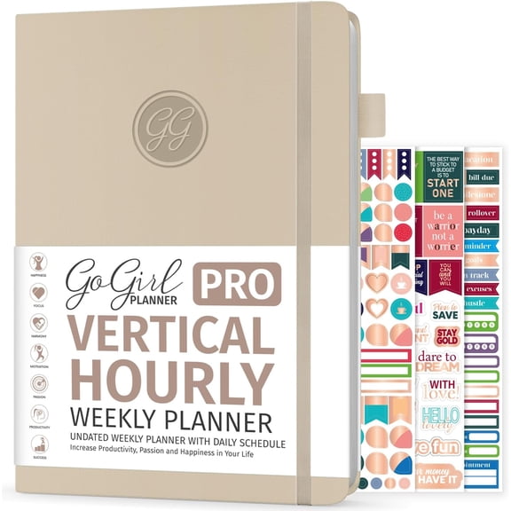 GoGirl Planner PRO Schedule - Undated Planner with Hourly Time Slots, Monthly, Weekly & Daily Organizer, Appointment Book for time Management, 7"x10" Hardcover, Lasts 1 Year - Seashell