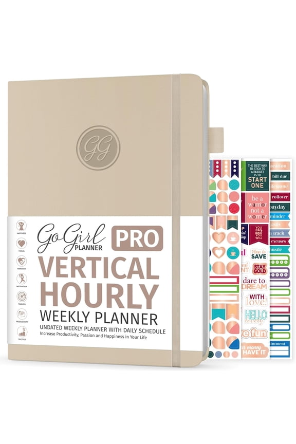Planner PRO Undated Hourly Schedule Planner with Monthly Weekly and Daily Time Slots, Budget Pages, Eco-Leather Hardcover, 7x10 Inch, Seashell