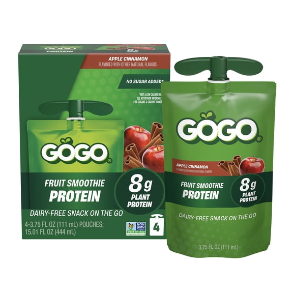 GOGO 8g PROTEIN Apple Cinnamon Fruit Smoothie On The Go Pouches , 3.75 fl oz (4 Pack)