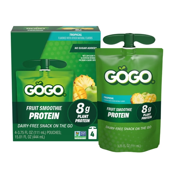 GOGO 8g Protein Tropical Fruit Smoothie On The Go Pouches , 3.75 fl oz (4 Pack)