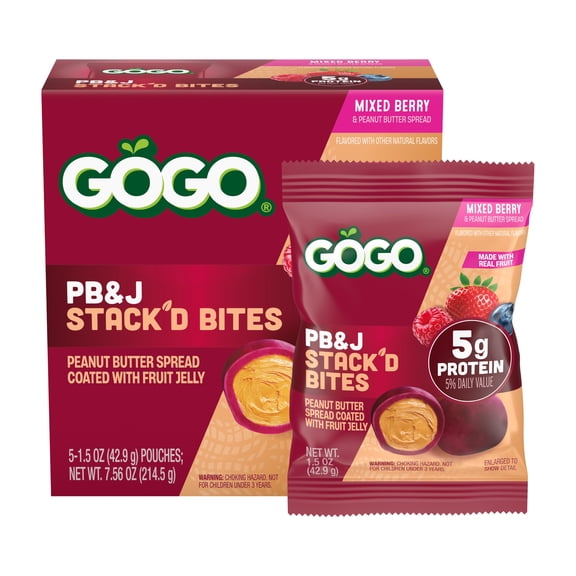GOGO PB&J STACK'D BITES 5g Protein From Real Peanuts Mixed Berry, 1.5 oz (5 Pack)