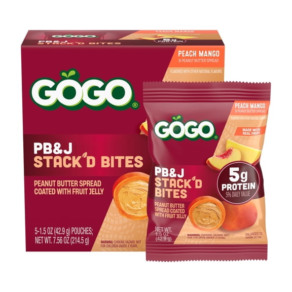 GOGO PB&J STACK'D BITES 5g Protein From Real Peanuts Peach Mango 1.5 oz (5 Pack)