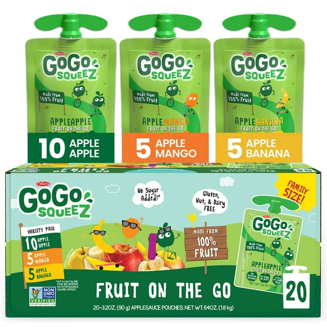 GoGo SqueeZ Fruit on the Go Apple Apple, Apple Mango, and Apple Banana Snack Pouches, 3.2 oz, 20 Pack