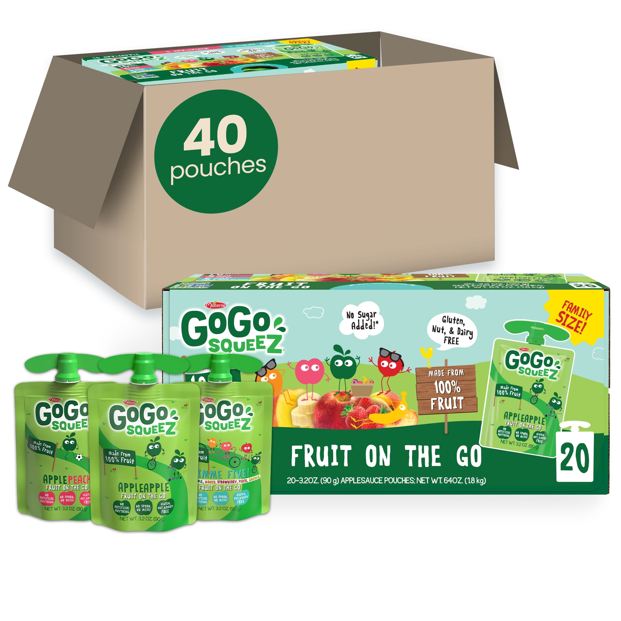 GoGo Squeez Fruit on the Go Apple Apple, Apple Peach, Gimme Five! Snack Pouches Multipack, 40 Pack