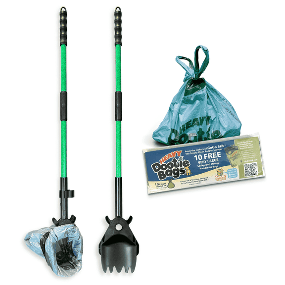 GoGo Stik XP Pooper Scooper & Rake Set - Ergonomic Design - 37" No Bend Scoop - 10 Free Heavy Dootie Bags - Strong & Lightweight - Easy & Hygienic Pet Waste Removal - Fits Any Style Bag