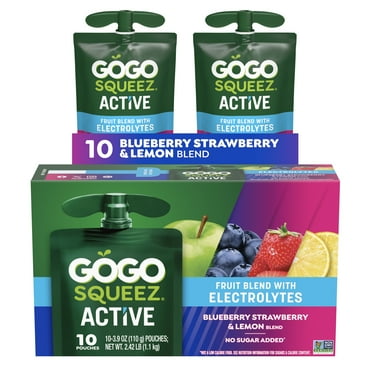 GoGo squeeZ Active Electrolyte No Sugar Added Blueberry Strawberry Lemon Fruit Blend, 3.9 oz (10 Pack)