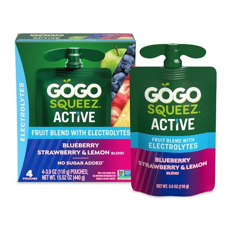GoGo squeeZ Active Electrolyte No Sugar Added Blueberry Strawberry Lemon Fruit Blend, 3.9 oz (4 Pack)