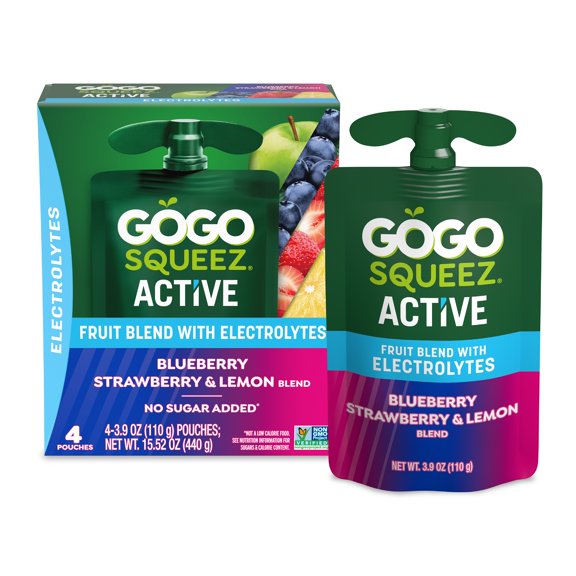 GoGo squeeZ Active Electrolyte No Sugar Added Blueberry Strawberry Lemon Fruit Blend, 3.9 oz (4 Pack)