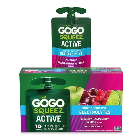 GoGo squeeZ Active Fruit Blend with Electrolytes, Cherry Raspberry Lime, 3.9 oz/10ct - 2 Pack