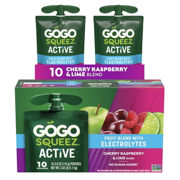 GoGo squeeZ Active Electrolyte No Sugar Added Cherry Raspberry Lime Fruit Blend, 3.9 oz (10 Pack)