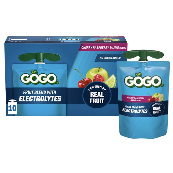 GoGo squeeZ Active Electrolyte No Sugar Added Cherry Raspberry Lime Fruit Blend, 3.9 oz (10 Pack)