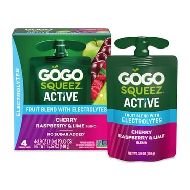 GoGo squeeZ Active Fruit Blend with Electrolytes, Cherry Raspberry Lime, 3.9 oz/4ct