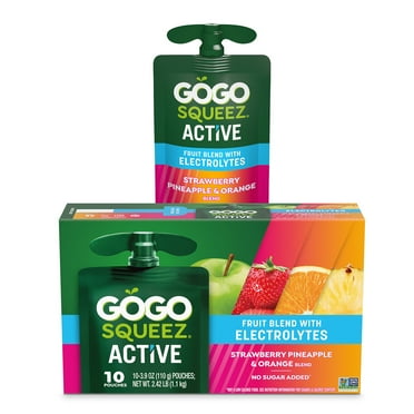 GoGo squeeZ Active Fruit Blend with Electrolytes, Strawberry Pineapple Orange, 3.9 oz/10ct