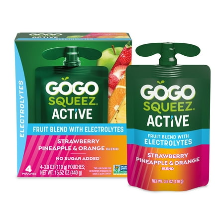 GoGo squeeZ Active Electrolyte No Sugar Added Strawberry Pineapple Orange Fruit Blend, 3.9 oz (4 Pack)