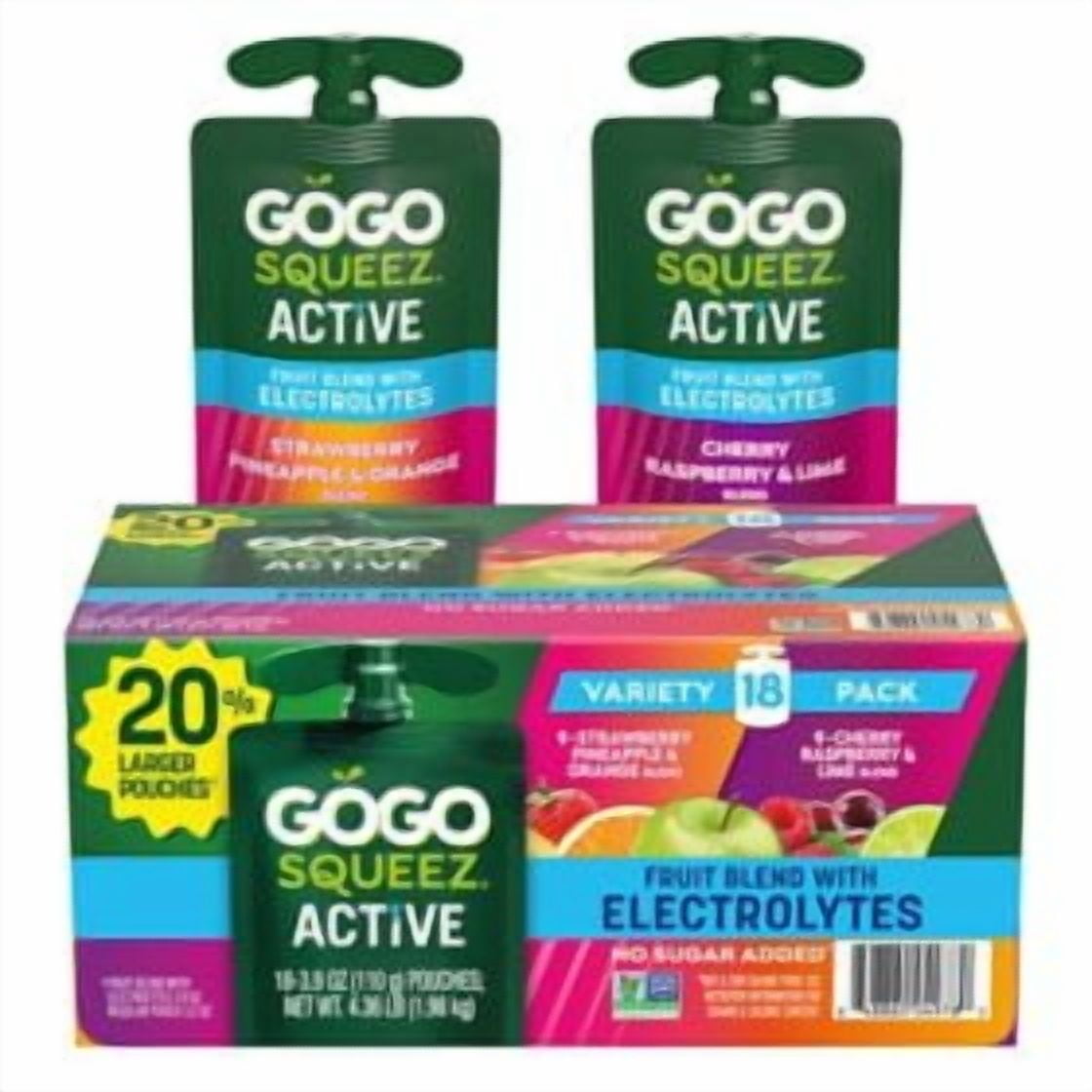 GoGo squeeZ Active Fruit Blend with Electrolytes Variety Pack 3.9 oz., 18 count.pack of 2
