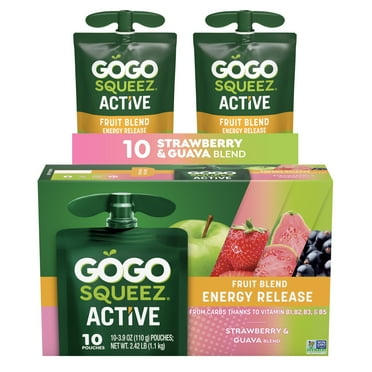 GoGo squeeZ Active Energy No Sugar Added Strawberry Guava Fruit Blend, 3.9 oz (10 Pack)