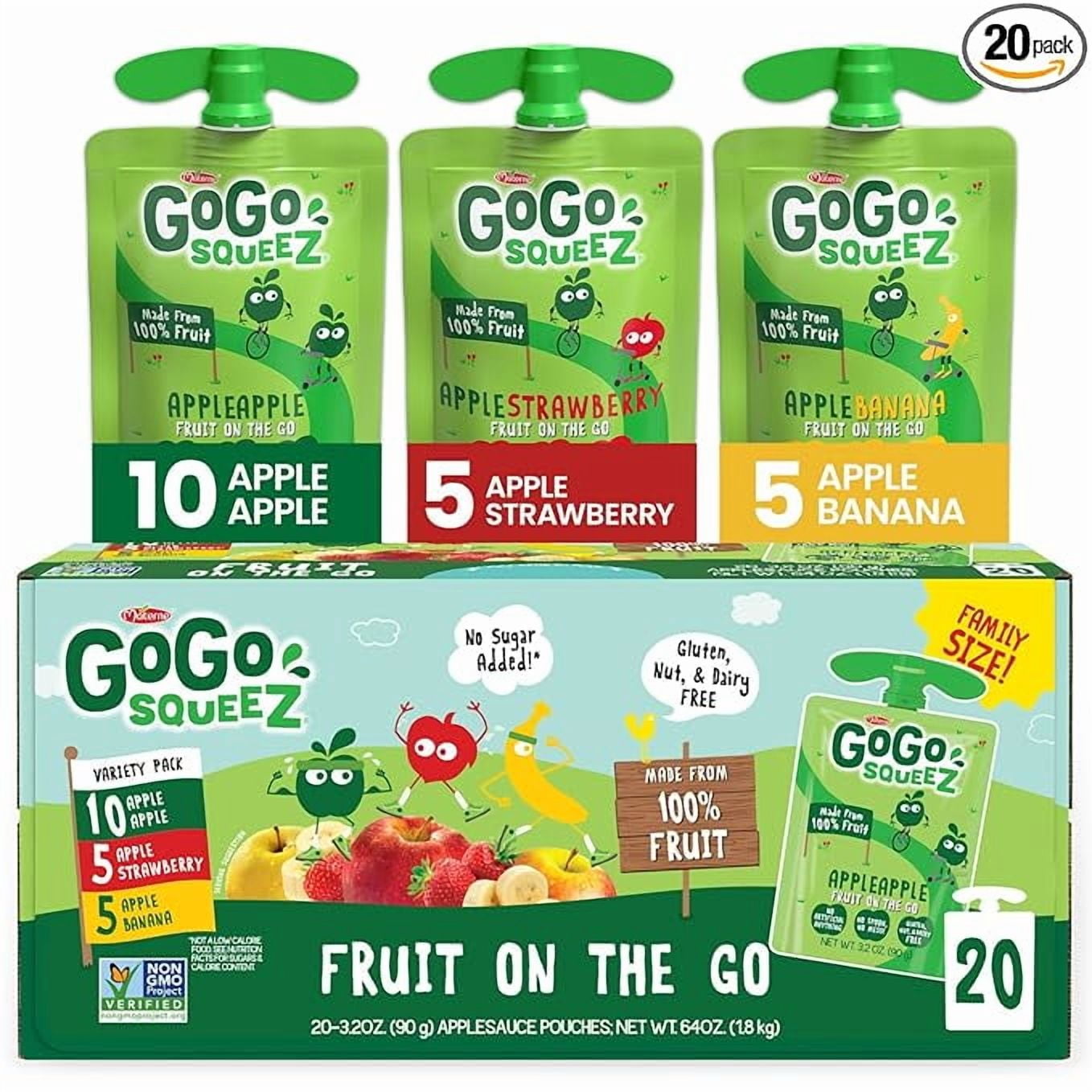 GoGo squeeZ Applesauce and Fruit Puree Variety Pack, Apple, Banana & Strawberry, 3.2 oz (Pack of 2 0), Unsweetened Fruit Snacks for Kids, Gluten Free, Nut Free and Dairy Free, BPA Free Pouches