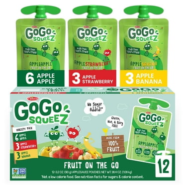 GoGo squeeZ Applesauce and Fruit Puree, Apple Apple, Apple Banana, and Apple Strawberry Snack Pouches Variety Pack, 3.2 oz, 12 Pack