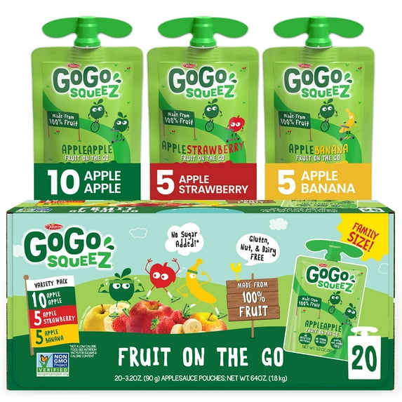 GoGo squeeZ Applesauce and Fruit Puree, Apple Apple, Apple Banana, and Apple Strawberry Snack Pouches Variety Pack, 3.2 oz, 20 Pack
