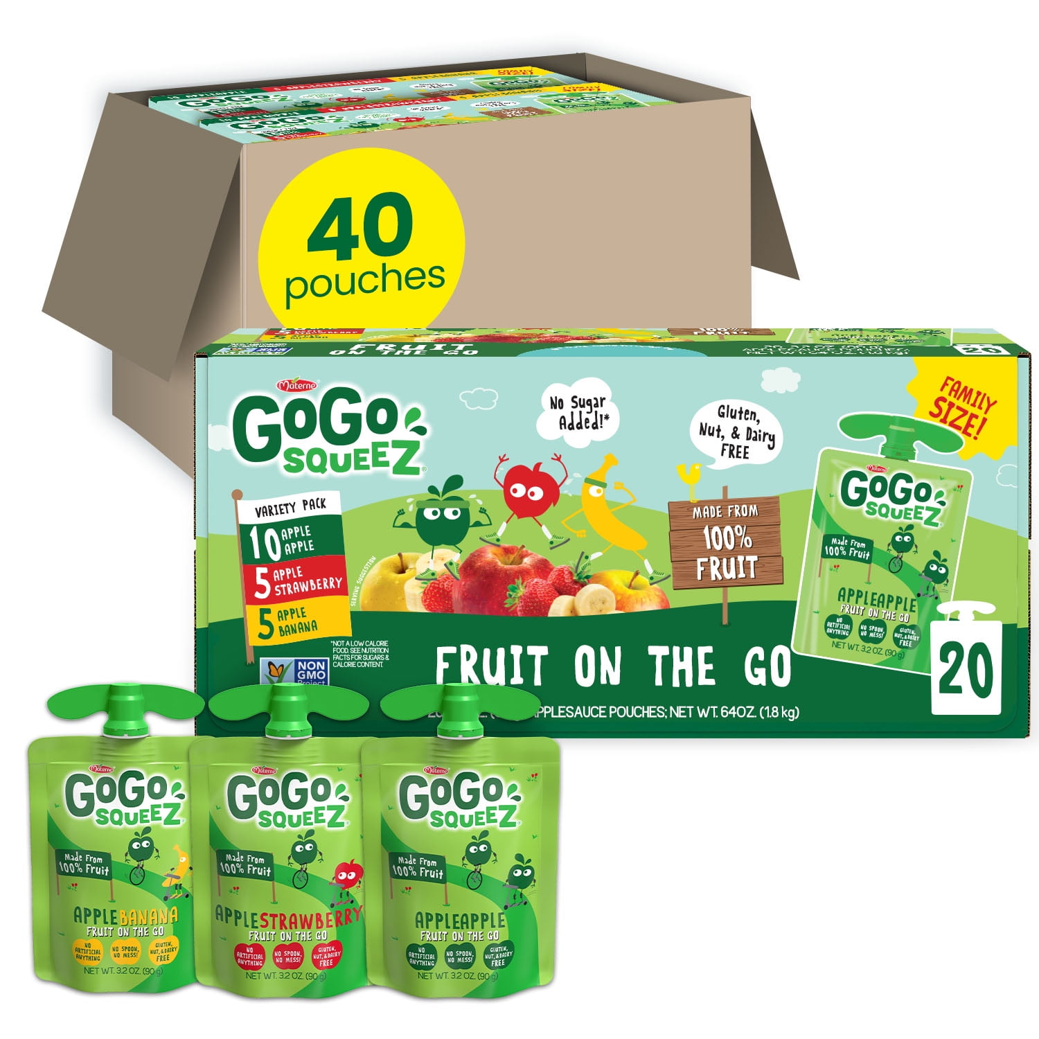 GoGo squeeZ Applesauce and Fruit Puree, Apple Apple, Apple Banana, and Apple Strawberry Snack Pouches Variety Pack, 3.2 oz, 40 Pack