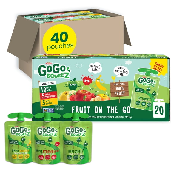 GoGo squeeZ Applesauce and Fruit Puree, Apple Apple, Apple Banana, and Apple Strawberry Snack Pouches Variety Pack, 3.2 oz, 40 Pack