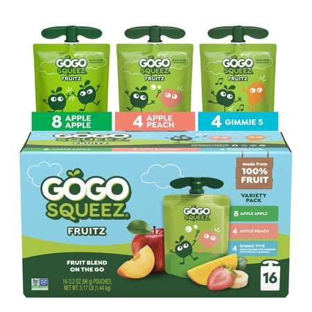 GoGo squeeZ No Sugar Added Apple Peach Gimme 5 Applesauce Variety Pouches, 3.2 oz (16 Pack)