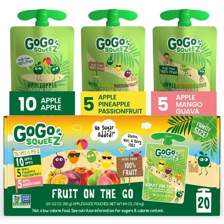 GoGo squeeZ Applesauce and Fruit Puree, Apple Apple, Apple Pineapple Passionfruit, and Apple Mango Guava Snack Pouches Variety Pack, 3.2 oz, 20 Pack