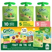 GoGo squeeZ Applesauce and Fruit Puree, Apple Apple, Apple Pineapple Passionfruit, and Apple Mango Guava Snack Pouches Variety Pack, 3.2 oz, 20 Pack