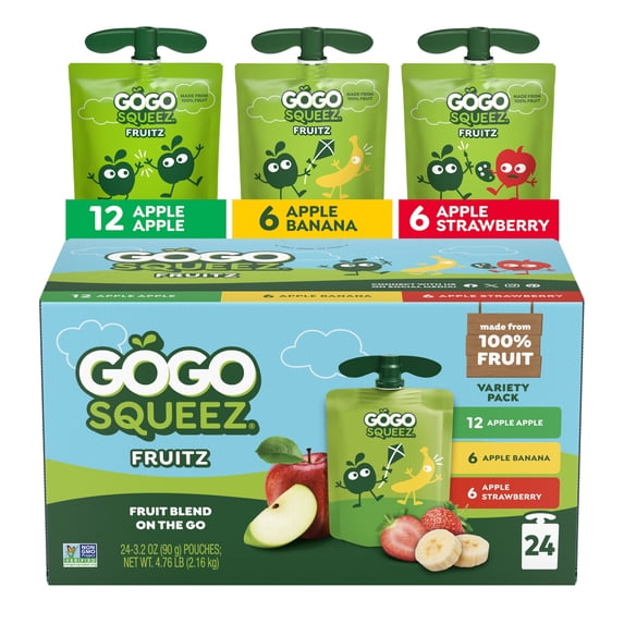 GoGo squeeZ No Sugar Added Banana Strawberry Applesauce Variety Pouches, 3.2 oz (24 Pack)