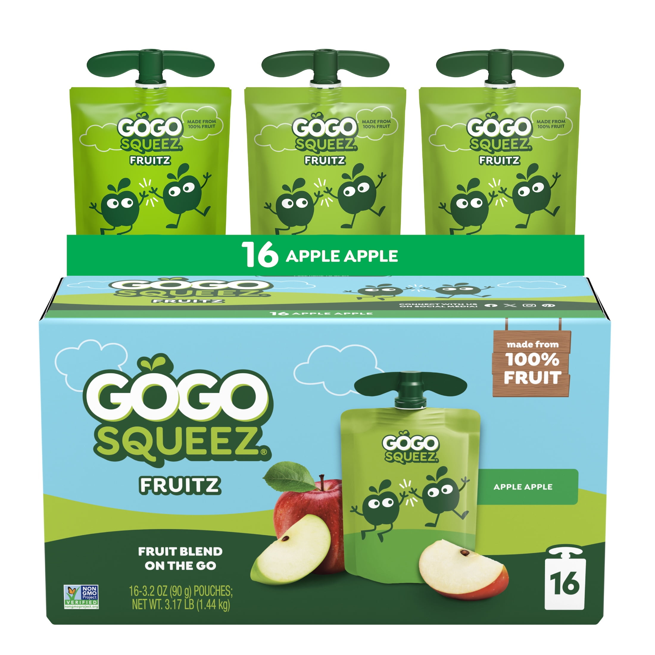 GoGo squeeZ No Sugar Added Apple Applesauce & Fruit Puree Pouches, 3.2 oz (16 Pack)