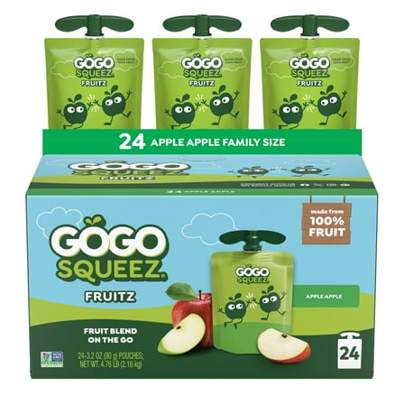 GoGo squeeZ No Sugar Added Apple Apple Applesauce & Fruit Puree Pouches, 3.2 oz (24 Pack)
