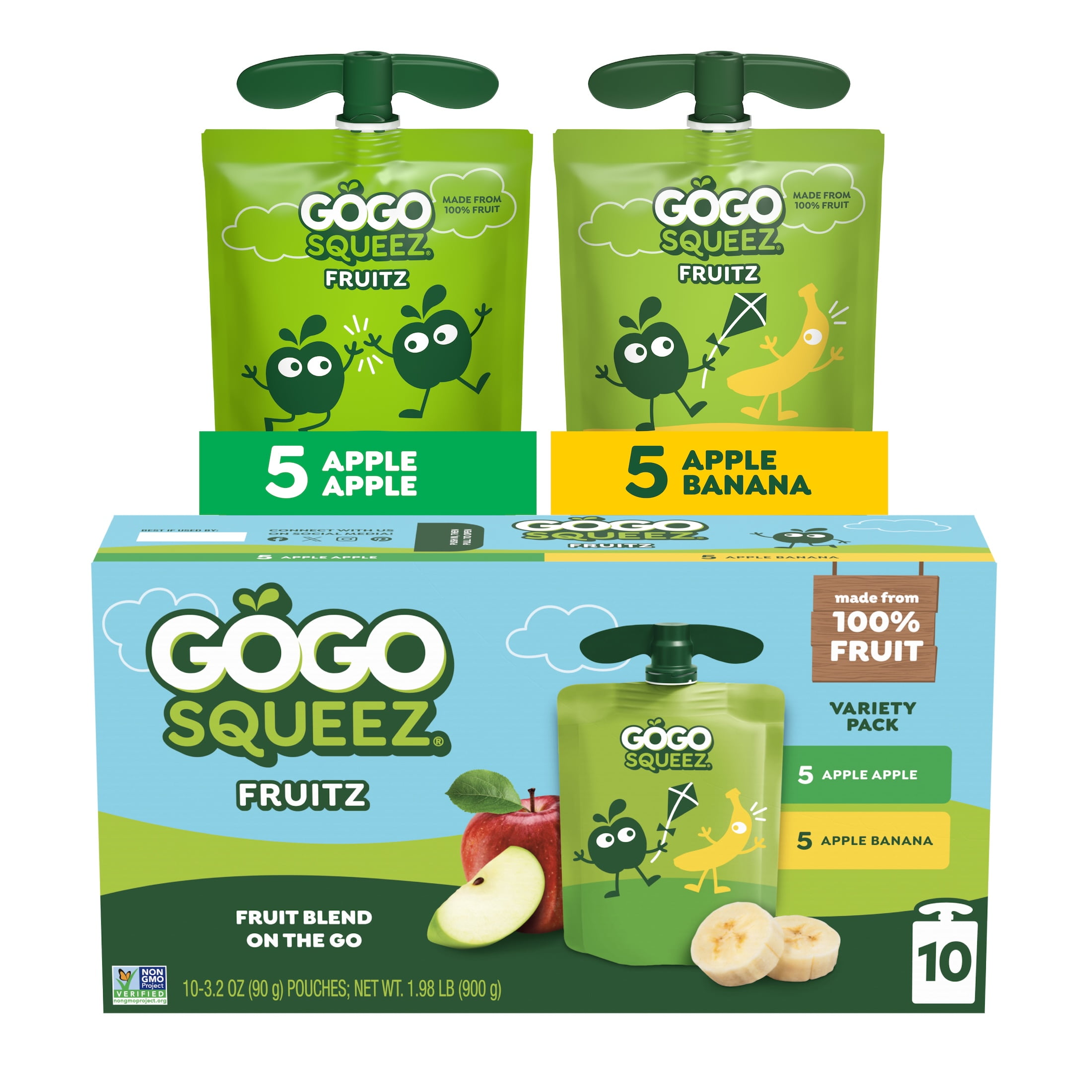 GoGo SqueeZ GoGo squeeZ No Sugar Added Apple Banana Applesauce Variety Pouches, 3.2 oz (10 Pack)