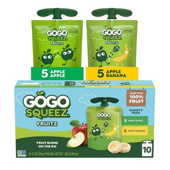 GoGo squeeZ No Sugar Added Apple Banana Applesauce Variety Pouches, 3.2 oz (10 Pack)