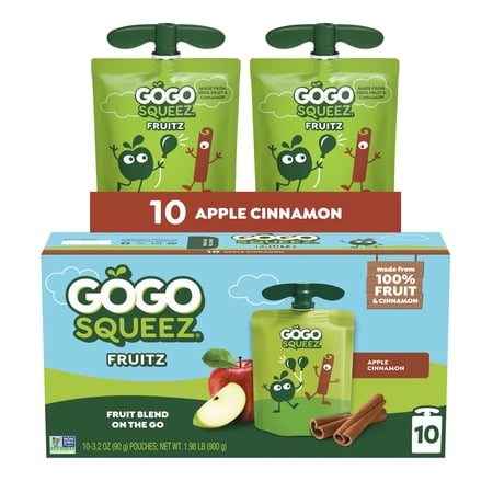GoGo squeeZ No Sugar Added Apple Cinnamon Applesauce & Fruit Puree Pouches, 3.2 oz (10 Pack)