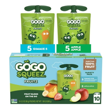 GoGo squeeZ No Sugar Added Apple & Gimme 5 Applesauce & Fruit Puree Variety, 3.2 oz (10 Pack)