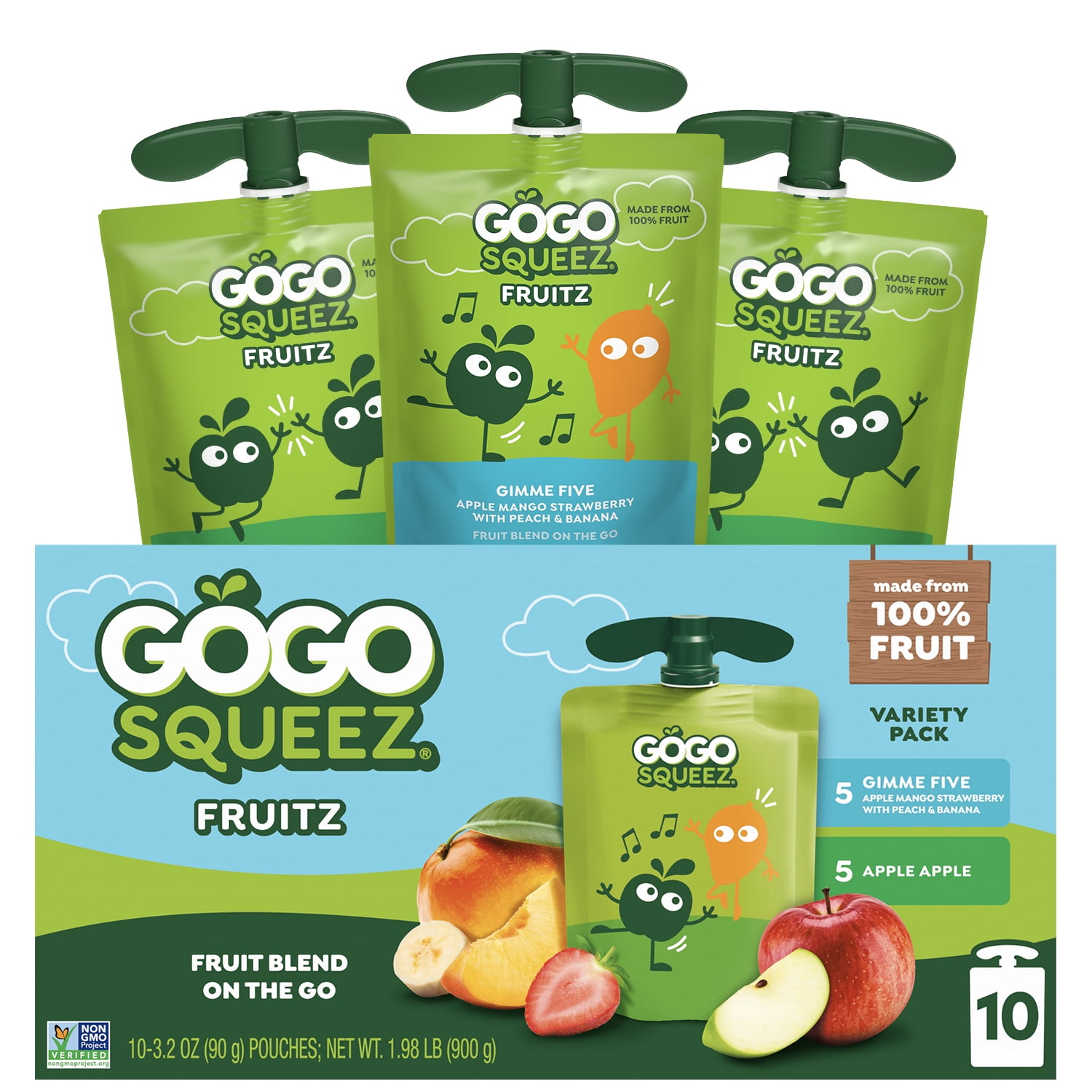 GoGo squeeZ Applesauce & Fruit Puree, Apple Apple & Gimme 5, Snack Pouches Variety Pack, 3.2 oz Pouches (10 Pk)